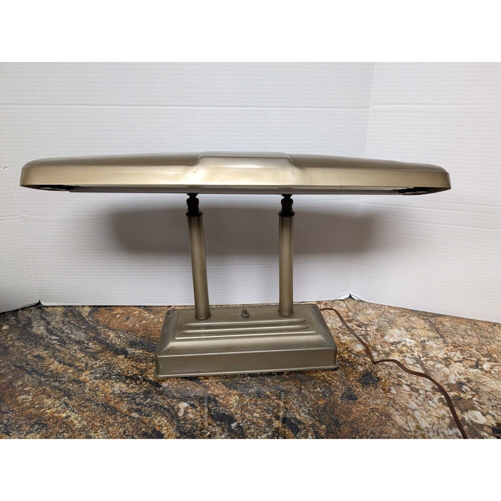 VTG Art Deco Adjustable/Tilt Banker's Desk Lamp Industrial 2 Light Flourescent